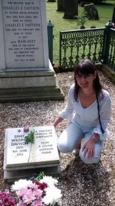 Author Fiona Veitch Smith visiting the grave of Emily Wilding Davison in Morpeth.